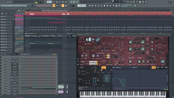 FL Studio project walkthrough showing Harmor synthesizer interface and sound design techniques